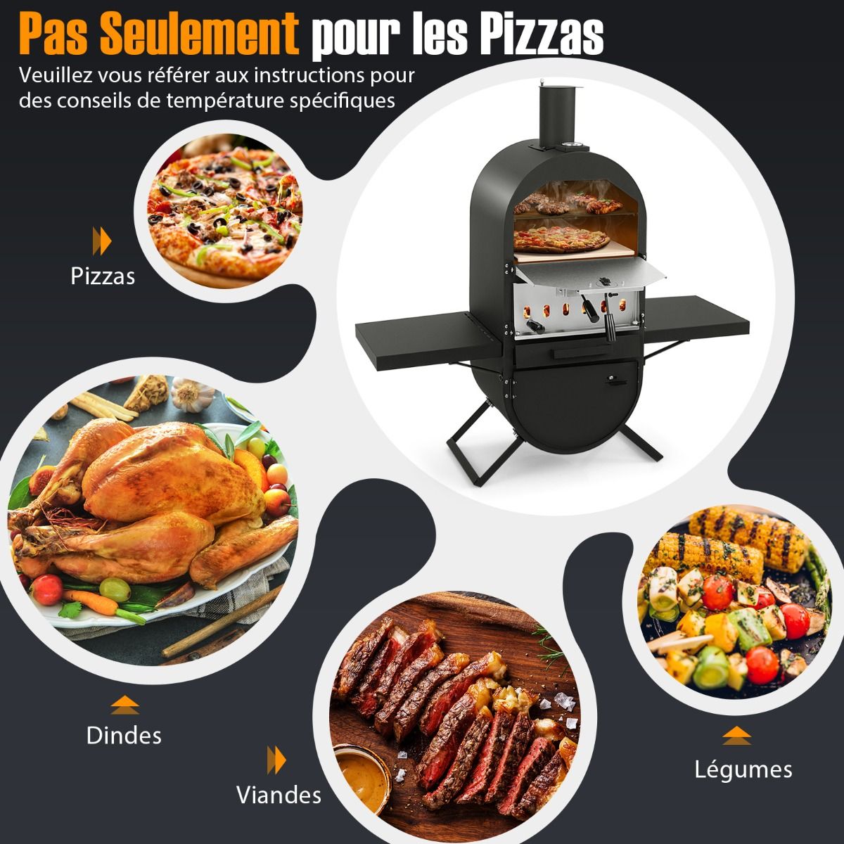 Four à Pizza au Feu de Bois d'Extérieur Housse en Tissu Oxford Pierre à Pizza de 31 cm Pelle à Pizza Grille de Cuisson -