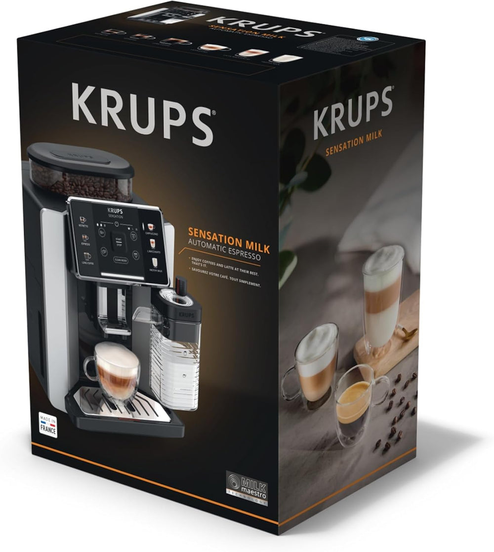 Krups Sensation C50, Machine à café grains, machine expresso, 5 boissons accès direct, Interface tactile, Facile à utiliser, Nettoyage automatique, Buse vapeur Cappuccino, Fabriqué en France EA910810