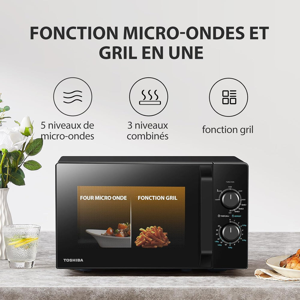 Toshiba Micro-ondes 20L MW2-MM20P(BK), Micro-ondes sur Pied, 800W, 5 Niveaux de Puissance, avec Décongélation Facile, éclairage LED à l'intérieur, Noir