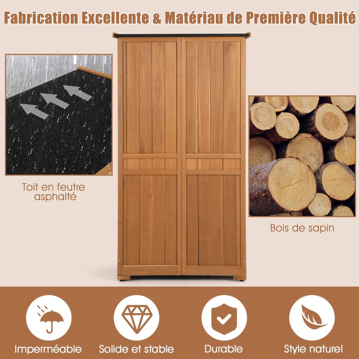 Abri de Jardin En Bois 160 Cm Toit en Asphalte 2 Portes Verrouillables avec Loquet Armoire Cabane en Sapin Pré-Huilé Imperméable 3 Étagères Amovibles Naturel