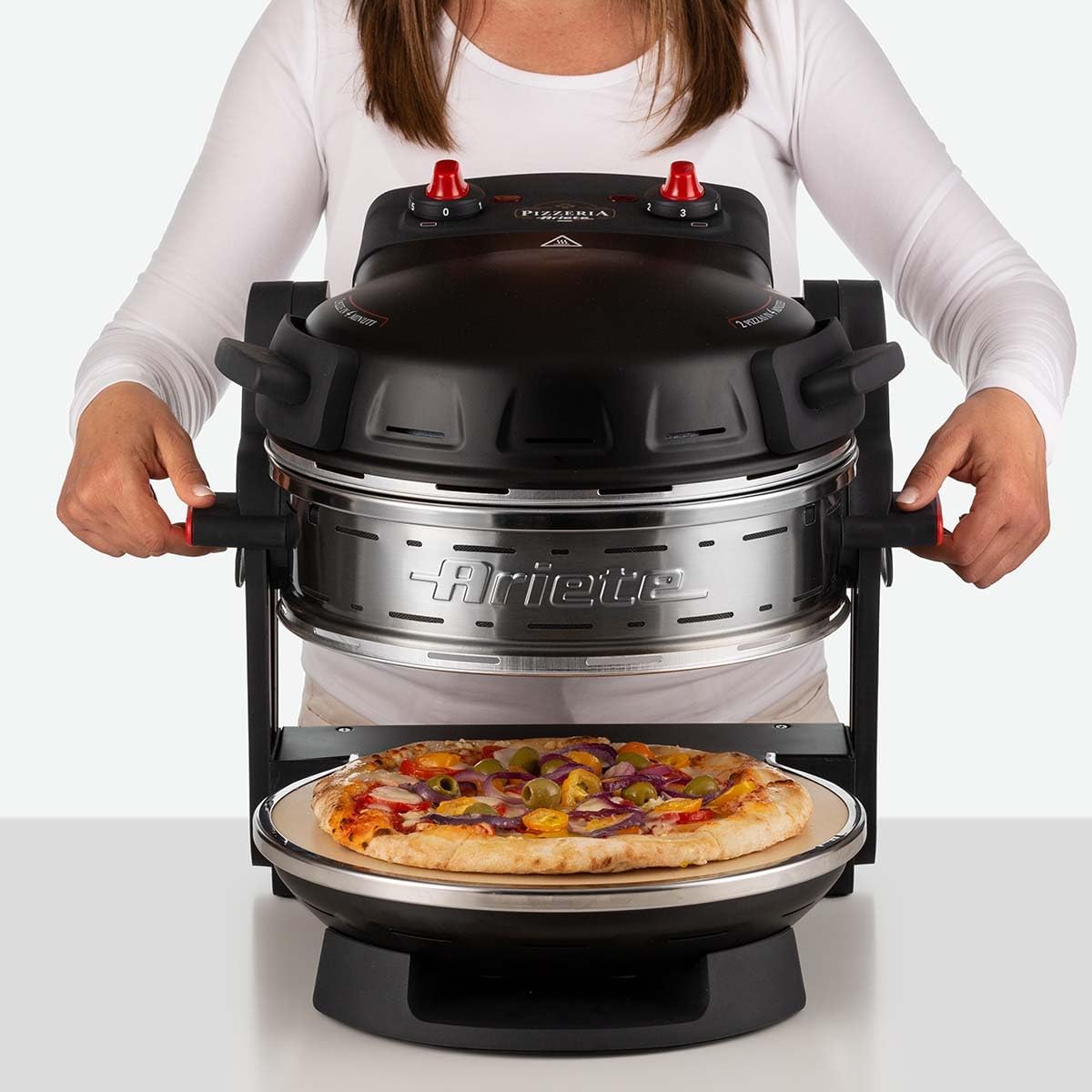 Ariete Pizza Oven 918, Pizza 4 Minutes, 5 Cooking Levels, Refractory Plate for Heating, Wooden Blades Included, Maximum Temperature 400°C, 1200W, White