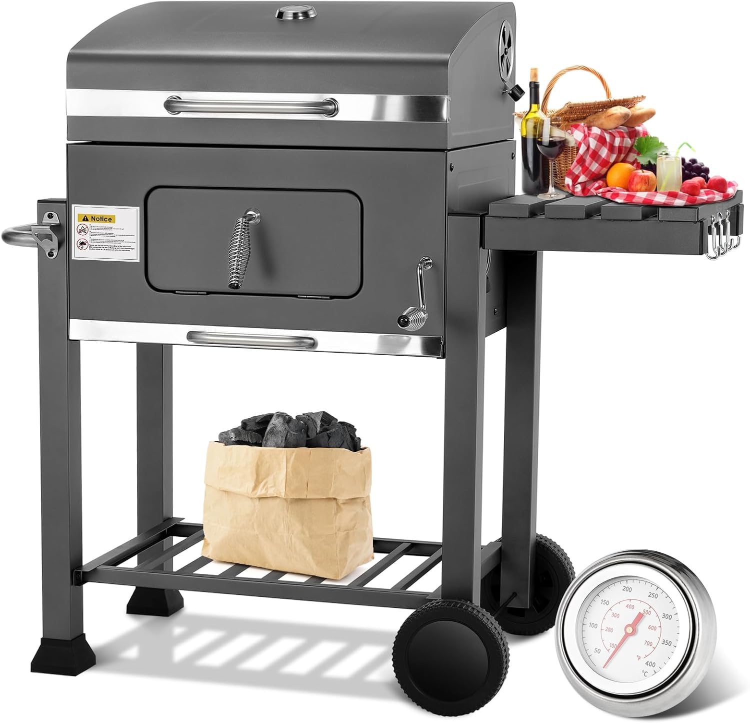 Barbecue Charbon de Bois XL, Chariot à Barbecue, Grill XL à Charbon avec Couvercle, Roues et Thermomètre, Réglable en Hauteur, Grand Barbecue au Charbon de Bois, pour Camping et Jardin, Noir