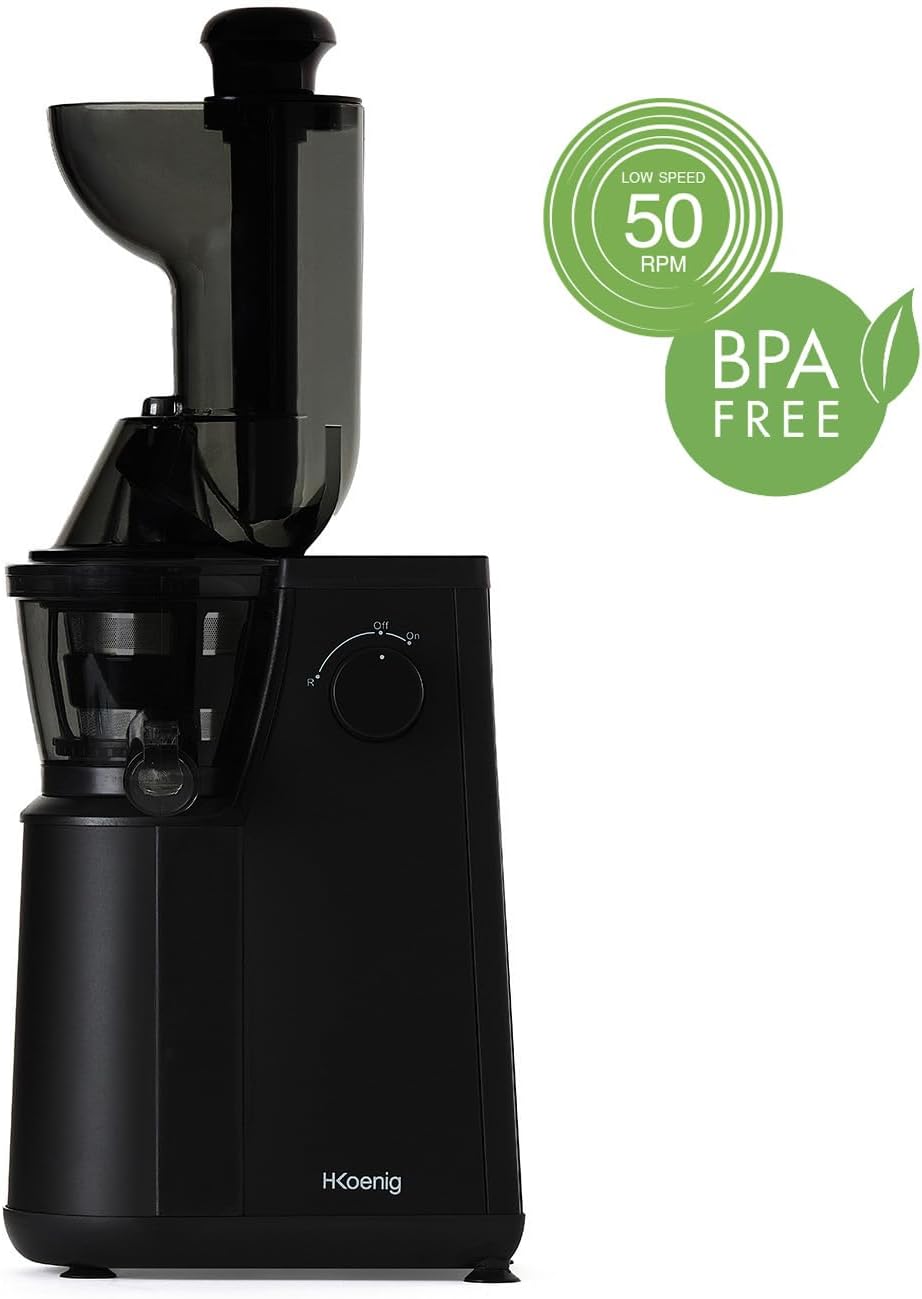 Extracteur de Jus de Fruits et Légumes vertical GSX24 H.Koenig Centrifugeuse Vitamin + sans BPA - 82 mm Large Bouche - 3 tamis pour jus fin ou épais et sorbet - Pression douce - 50 tours 400 W
