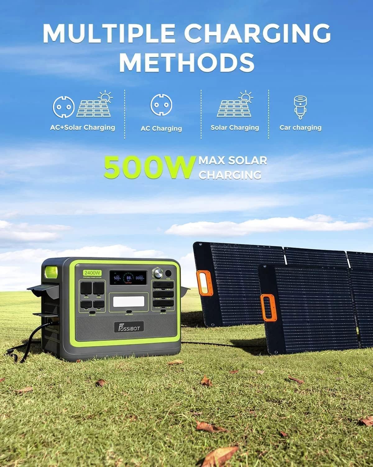 FOSSiBOT F2400 Station électrique portable CA 2400W (4800W Pic), Station Silencieux Solaire 2048Wh LiFePO4, Groupe Générateur Électrique Onduleur Alimentation de Secours à Domicile Camping