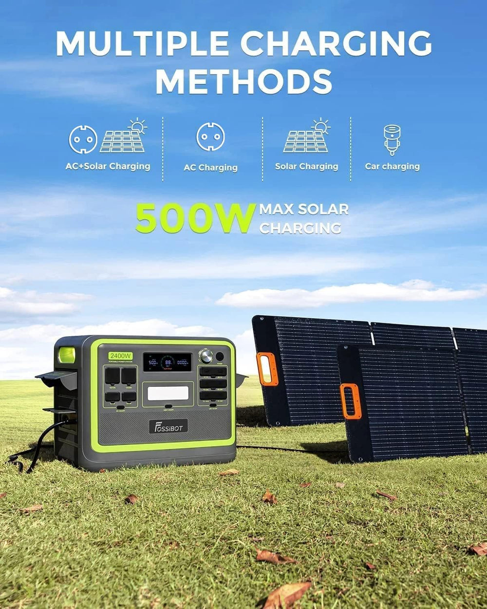 FOSSiBOT F2400 Station électrique portable CA 2400W (4800W Pic), Station Silencieux Solaire 2048Wh LiFePO4, Groupe Générateur Électrique Onduleur Alimentation de Secours à Domicile Camping
