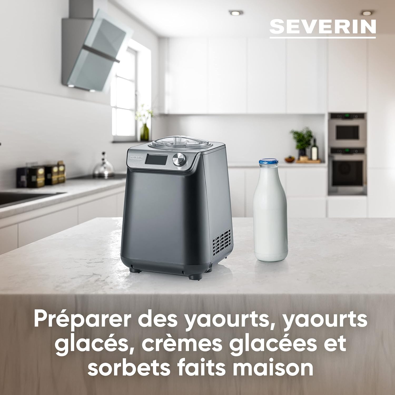 SEVERIN Sorbetière 2-en-1 Compacte 135 W, Sorbetière électrique et yaourtière d'une capacité 1,2 L, Machine à glace avec livre de recettes, noir, EZ 7407