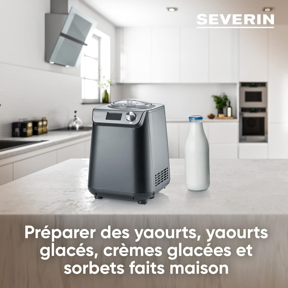 SEVERIN 2-in-1 Ice Cream Maker Compact 135 W, Electric Ice Cream Maker and Yogurt Maker with 1.2 L Capacity, Ice Maker with Recipe Book, Black, EZ 7407