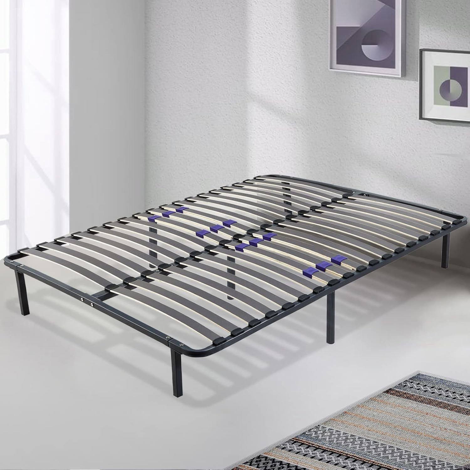 SAMPUR - Essential bed base 140 x 200 cm | Durable and comfortable | Feet included | Adjustable slats | Epoxy lacquered metal frame | Quick and easy assembly