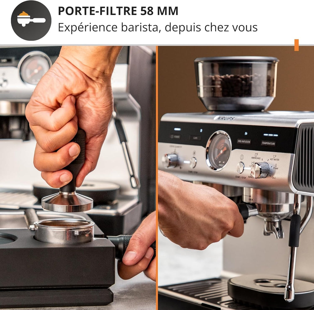 Krups Virtuoso+, Machine expresso, Machine a cafe à pompe, expresso machine a cafe moulu ou dosettes, 15 bars, Inox, Buse vapeur, Espresso et cappuccino, XP444G10