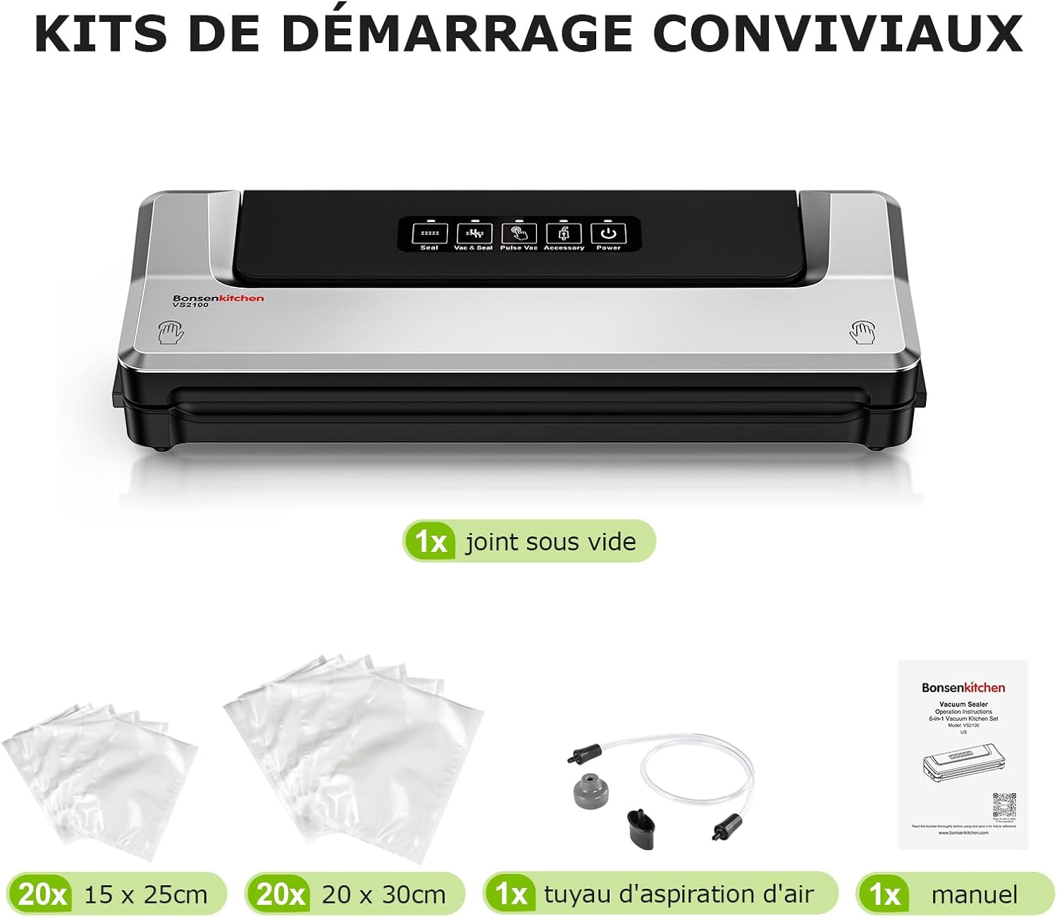 Bonsenkitchen Machine Sous Vide Alimentaire - Appareil de Mise Sous Vide pour La Cuisson Sous Vide et La Conservation des Aliments Frais, Y 40 Compris Les Sacs Sous Vide