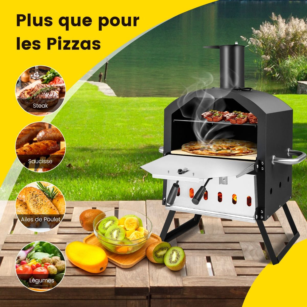 Four à Pizza Extérieur à 2 Couches Etagère du Milieu Amovible avec Pierre à Pizza Grille Pelle Housse Etanche Cheminée -