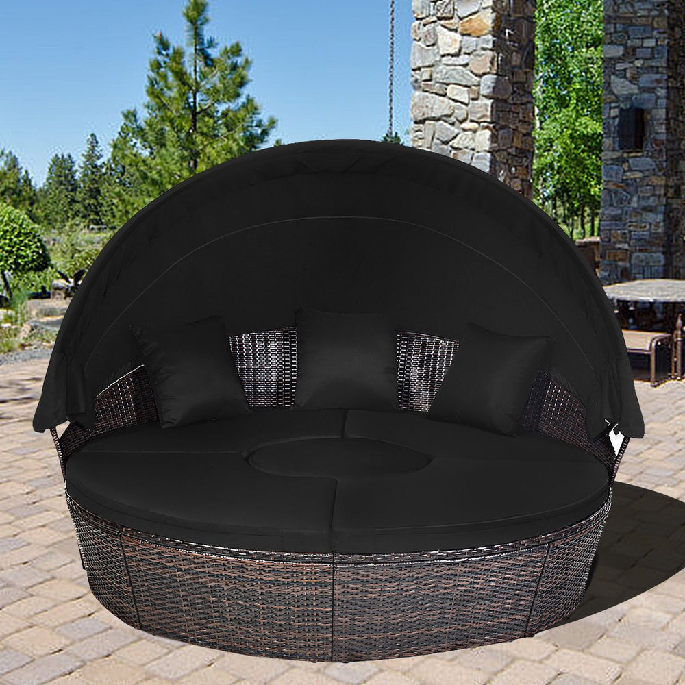 Lit de Jardin Rond d'Exterieur Table Relevable Modulable & Convertible - Pare Soleil Réglable rotin PE Coussins Inclus Noir