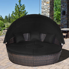 Lit de Jardin Rond d'Exterieur Table Relevable Modulable & Convertible - Pare Soleil Réglable rotin PE Coussins Inclus Noir