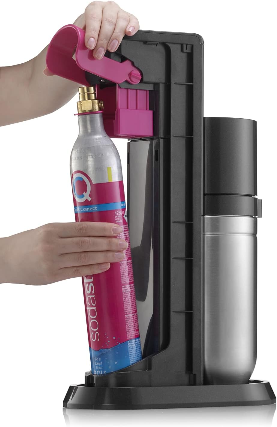SodaStream Duo Sparkling Water Machine for Glass Jug | Pack of 2 Glass Jugs 1L + 1 Bottle 1L Dishwasher Safe + 1 60L Gas Refill Clip On | Black [Amazon Exclusive]