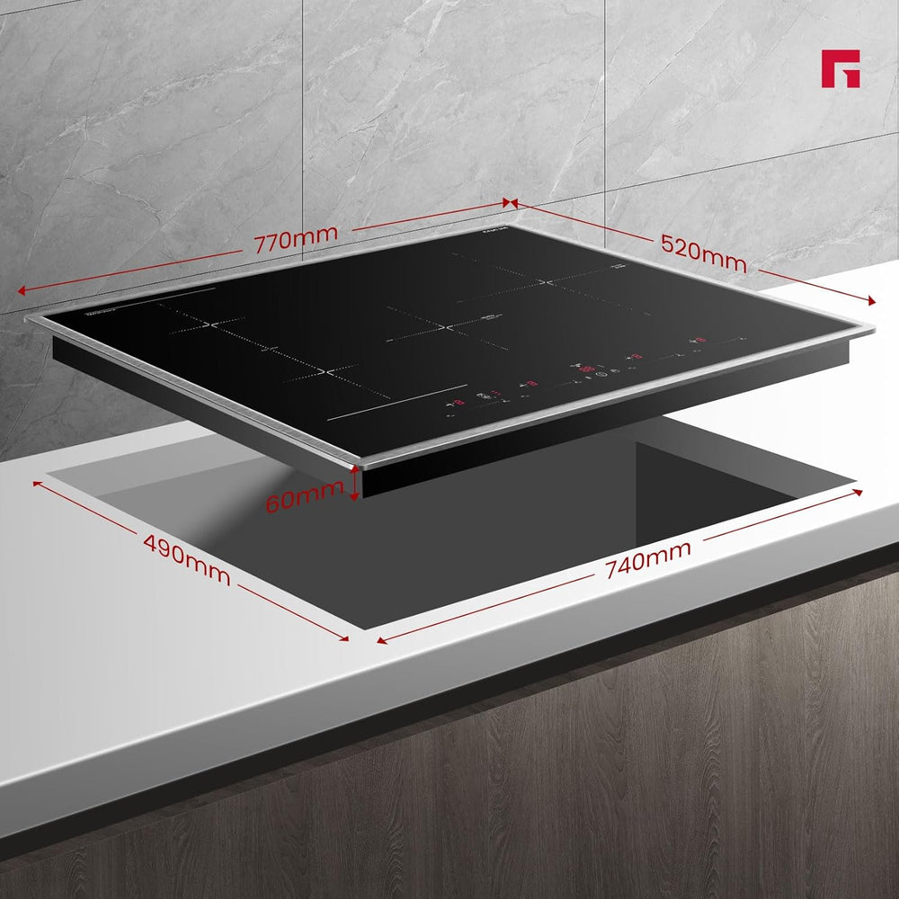 GASLAND IH774BFB Plaque de Cuisson Induction encastrable 77 cm, 4 foyers avec cadre en inox, zone spéciale BBQ, PowerBoost, 7000W (Poêle non incluse)