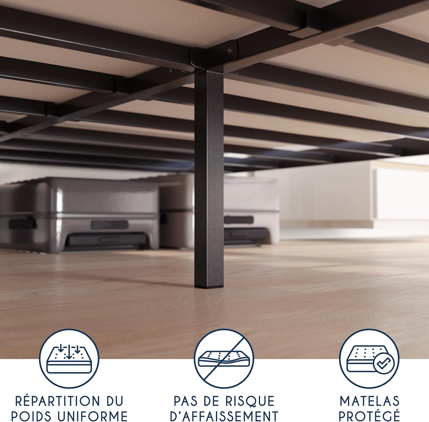 Dreamzie Cadre de Lit 160x200 avec Sommier - Sommier 160x200 avec Pieds - Hauteur de 35 cm - Structure Solide, Assemblage Facile et Espace de Rangement