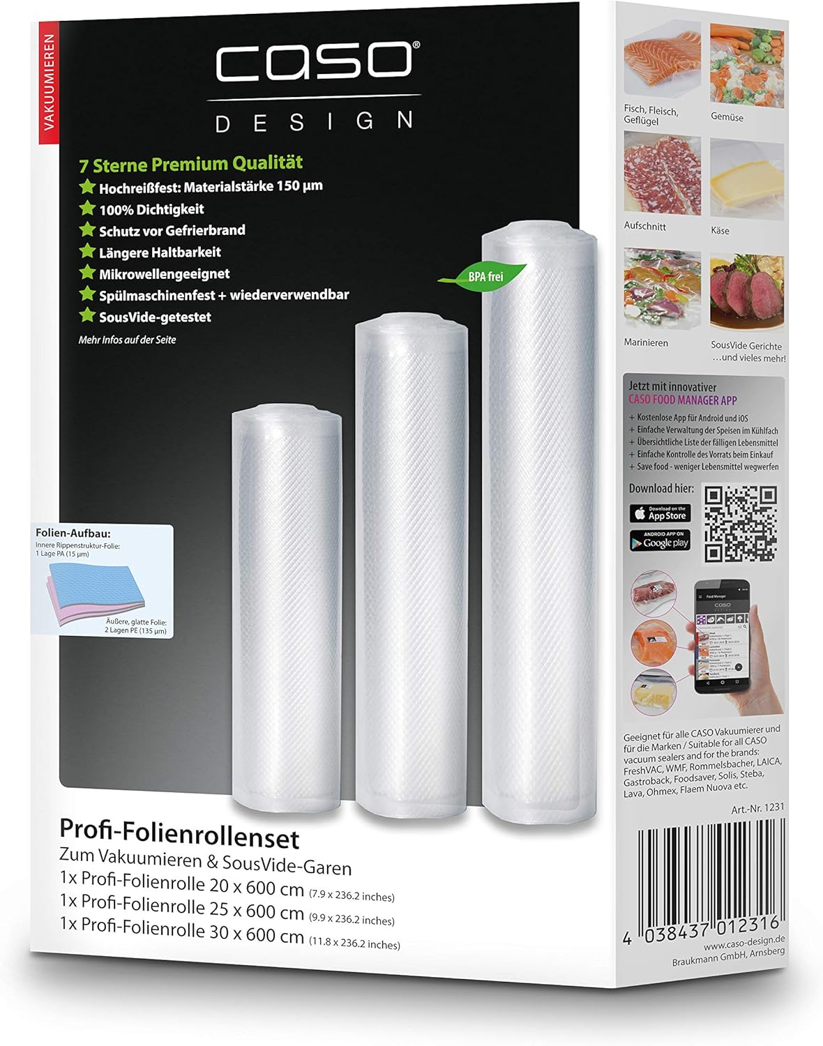 Caso FastVac 500, Professional Commercial Vacuum Sealer, Stainless Steel, Double Piston Pump, 15 Litres/Minute, Includes 2 Free Foil Rolls