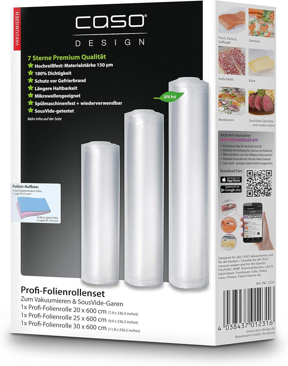Caso FastVac 500, Professional Commercial Vacuum Sealer, Stainless Steel, Double Piston Pump, 15 Litres/Minute, Includes 2 Free Foil Rolls