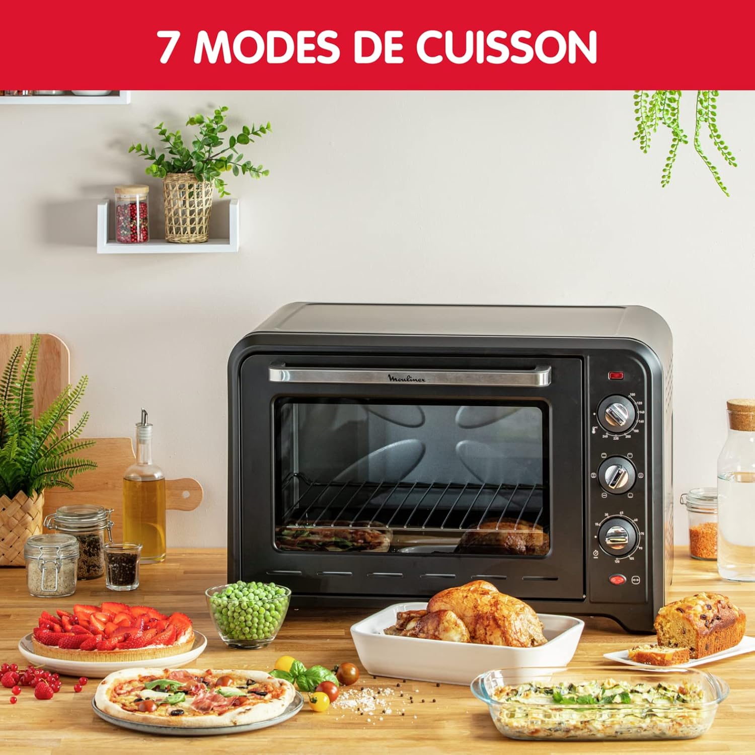 Moulinex Four électrique 39 L, 7 modes de cuisson, Chaleur tournante, Thermostat réglable jusqu’à 240° C, Tournebroche, Minuteur 120 min, Grille réversible, Optimo noir OX485810