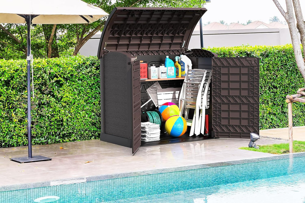 Duramax StoreAway 1200L Plastic Garden Shed/ Flat Lid, Outdoor Storage Shed, Wheelie Bin Hideaways, Wheelie bin box, Durable Construction, Ideal for Bikes, BBQs & 2x 240L Bins, 145x85x125 cm, Brown