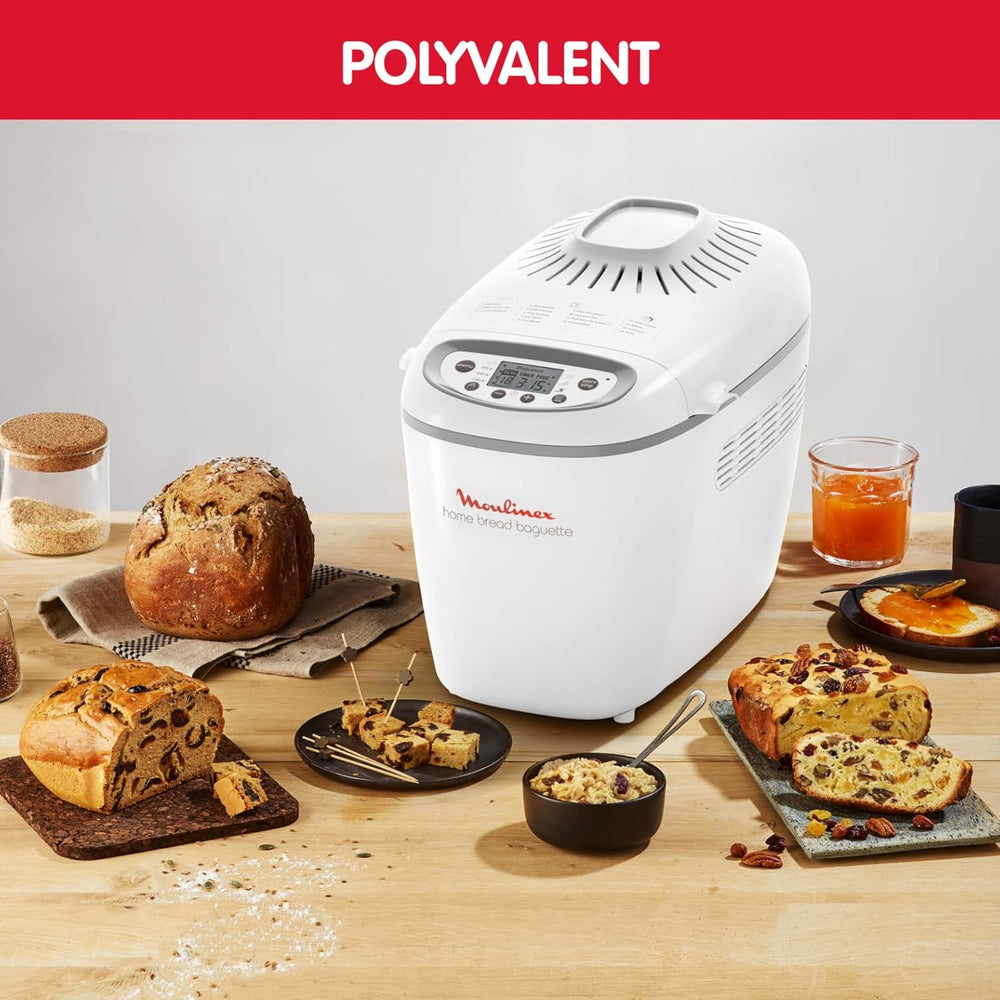 Moulinex Home Bread Baguette Machine à petits pains, 16 programmes, Résultats homogènes, Jusqu'à 1,5 kg de pain frais, Plaques croustillants, 3 niveaux de dorage OW610110, Blanc