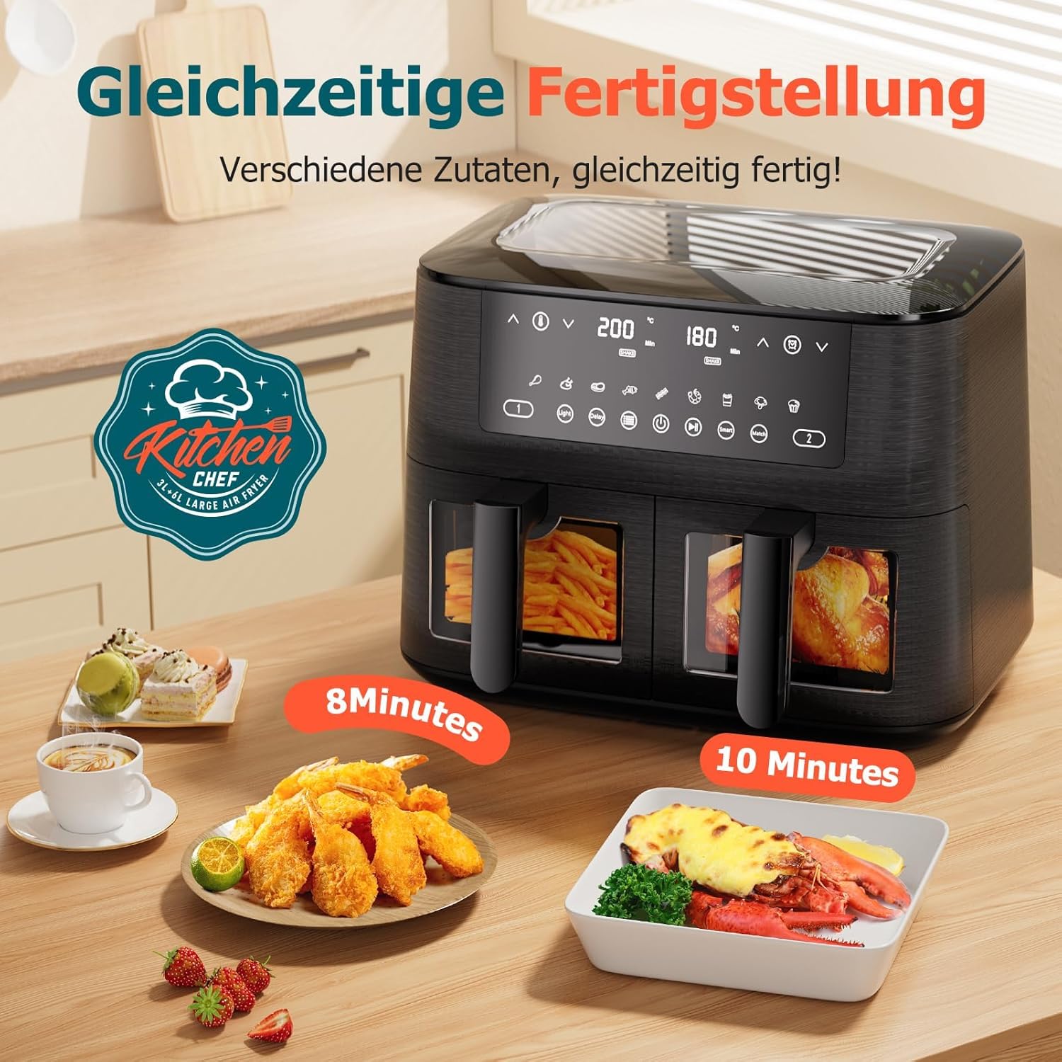 9L Dual Zone Air Fryer avec Fenêtre de Visualisation, Friteuse sans Huile avec 2 Tiroir, 9-in-1 Programmes de Cuisson, Écran Tactile, Fonction Rendez-vous, Faible en Grasses, Va au Lave-vaisselle