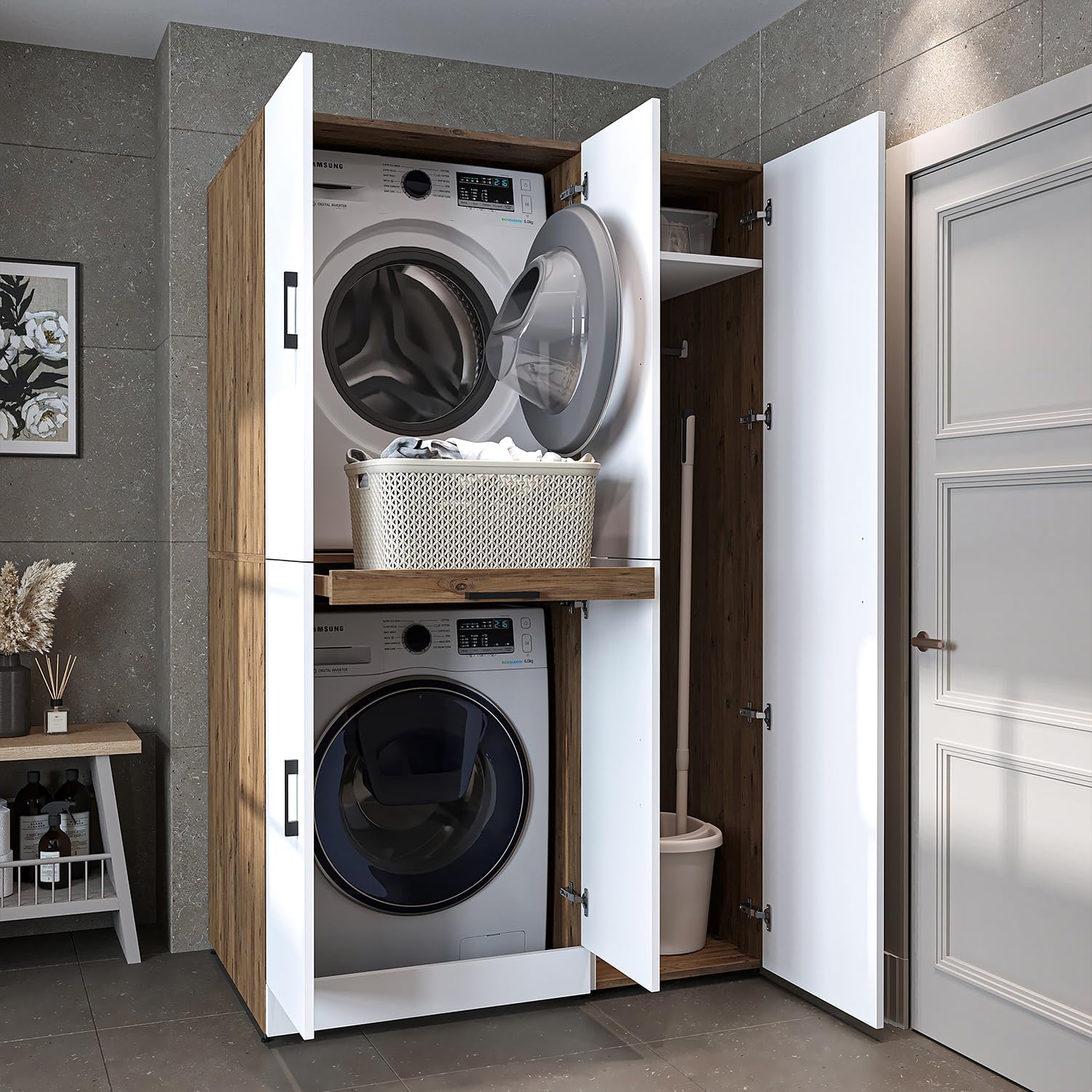 ROOMART Dora - Armoire de machine à laver - Pour sèche-linge et machine à laver - En 4 couleurs - Avec portes et panneau coulissant - Blanc - Chêne blanc - Chêne anthracite - Chêne blanc (chêne blanc)