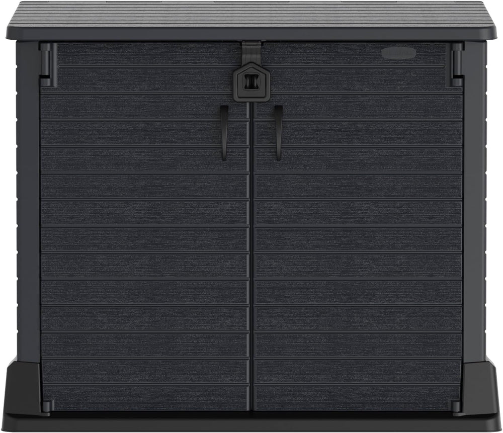 Duramax StoreAway 1200L Plastic Garden Shed/ Flat Lid, Outdoor Storage Shed, Wheelie Bin Hideaways, Wheelie bin box, Durable Construction, Ideal for Bikes, BBQs & 2x 240L Bins, 145x85x125 cm, Brown