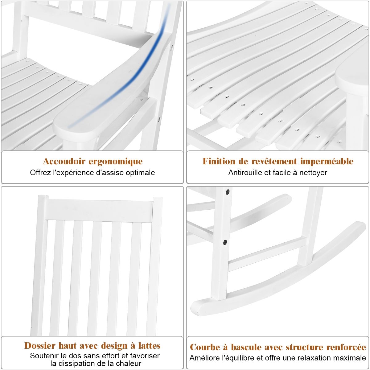 Fauteuil à Bascule en Bois d'Acacia Chaise Berçante pour Jardin Pelouse Balcon Blanc -