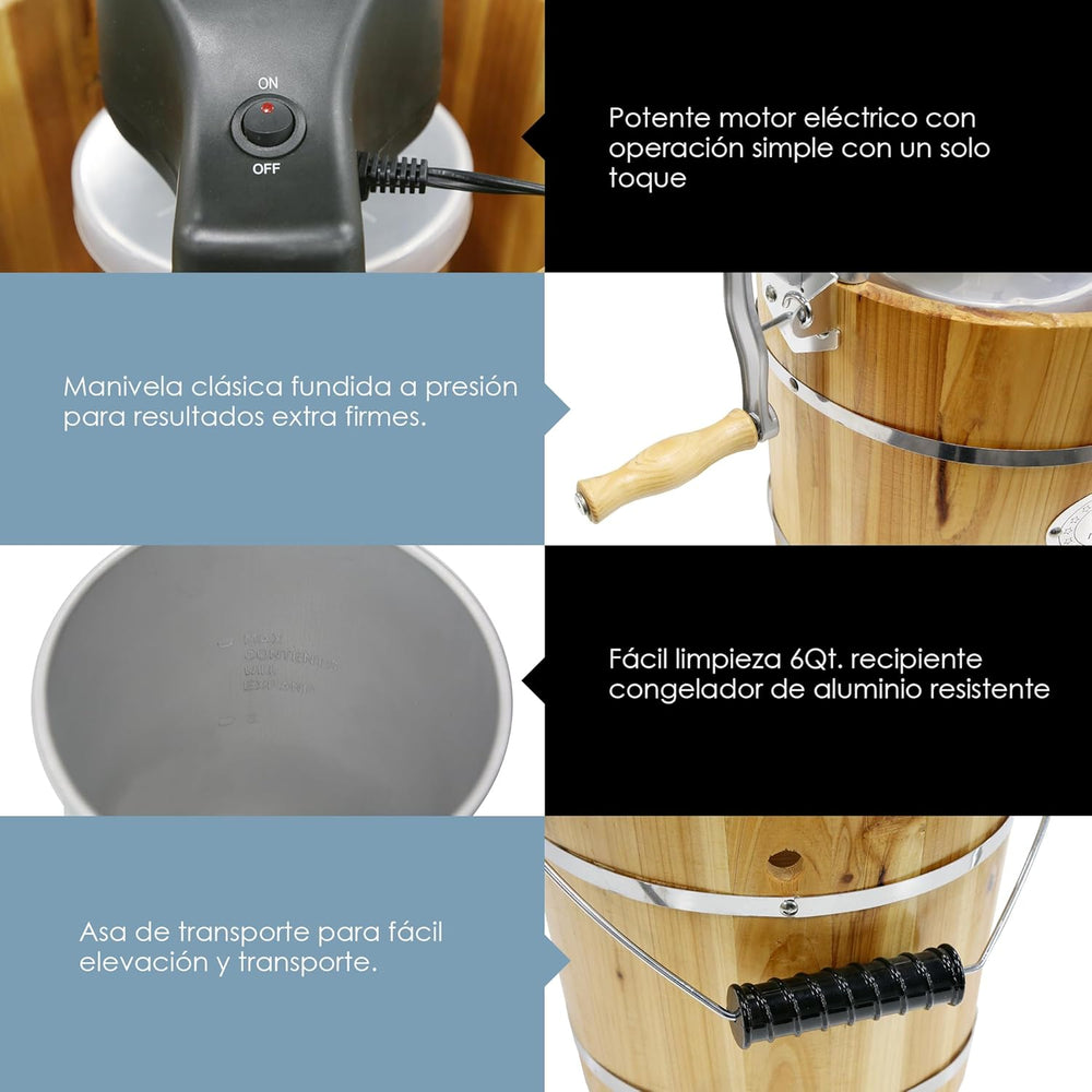 Elite Gourmet EIM916 Sorbetière électrique vintage en bois des Appalaches, 5,7 L, avec manivelle moulée sous pression, préparation de crème glacée avec sel gemme en quelques minutes, pin