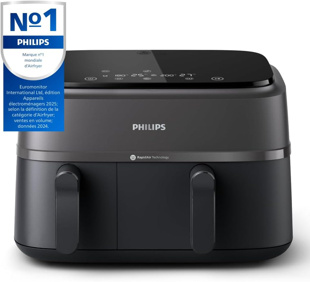 Philips Air Fryer 3000 Series Double Basket - Healthy, Fast and Versatile Cooking, 9 Litre Capacity, Touch Screen, Two Drawer Design (NA350/00)