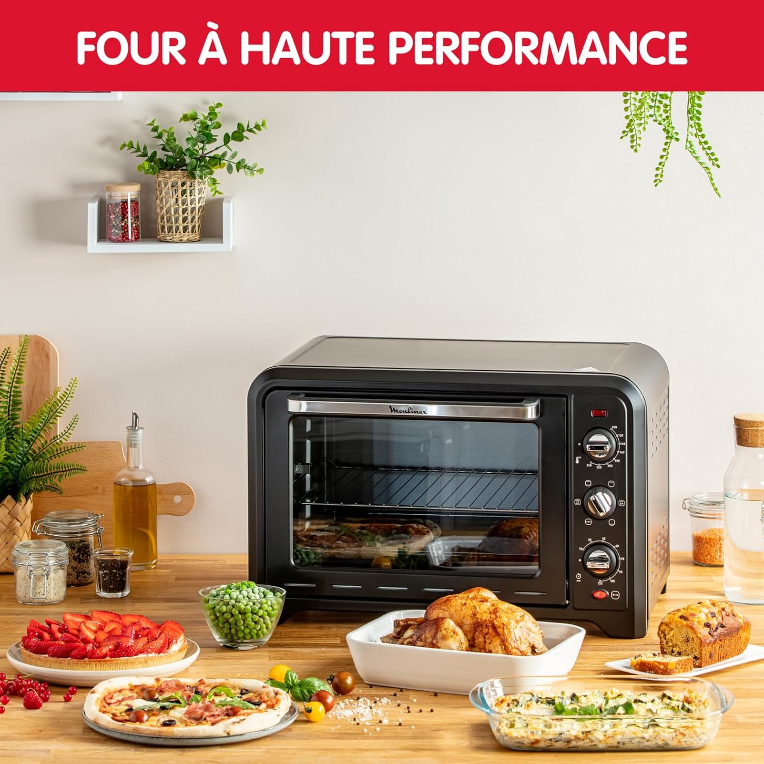 Moulinex Four électrique 39 L, 7 modes de cuisson, Chaleur tournante, Thermostat réglable jusqu’à 240° C, Tournebroche, Minuteur 120 min, Grille réversible, Optimo noir OX485810