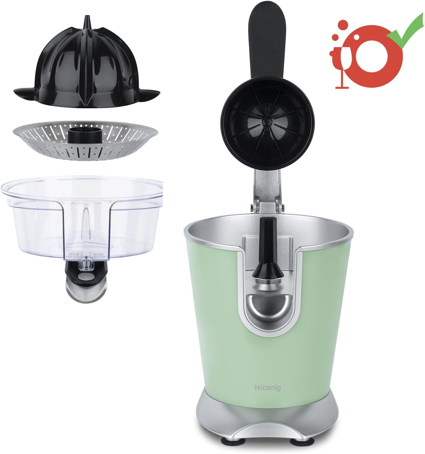 H.Koenig AGR80 160W Professional Electric Citrus Juicer Stainless Steel Lever and Filter Drip Free BPA Free Dishwasher Safe Parts
