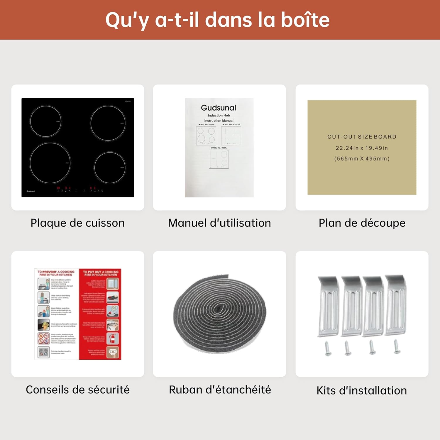 Gudsunal Plaque induction 4 feux, Table de Cuisson Encastrable,7200W, 9 niveaux de chauffage,Boost, Minuterie, Arrêt automatique, Verrouillage de sécurité enfant