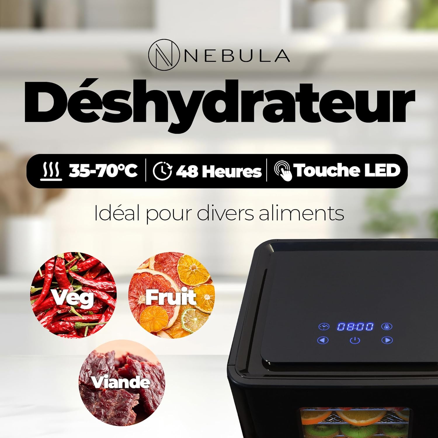Nebula Déshydrateur Alimentaire | 6 Plateaux Acier Inoxydable | Contrôle Tactile LED | Température Réglable 35-70°C | Deshydrateur Fruits Et Légumes | Deshydratateur Alimentaire | 400W