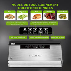 Bonsenkitchen Machine Sous Vide Alimentaire, Machine Sous Vide à 5 Modes-8 L/min, Technologie Globefish pour Un Travail en Continu à Grande Vitesse, Comprend 100 Sacs Sous Vide et 1 Sac en Rouleau