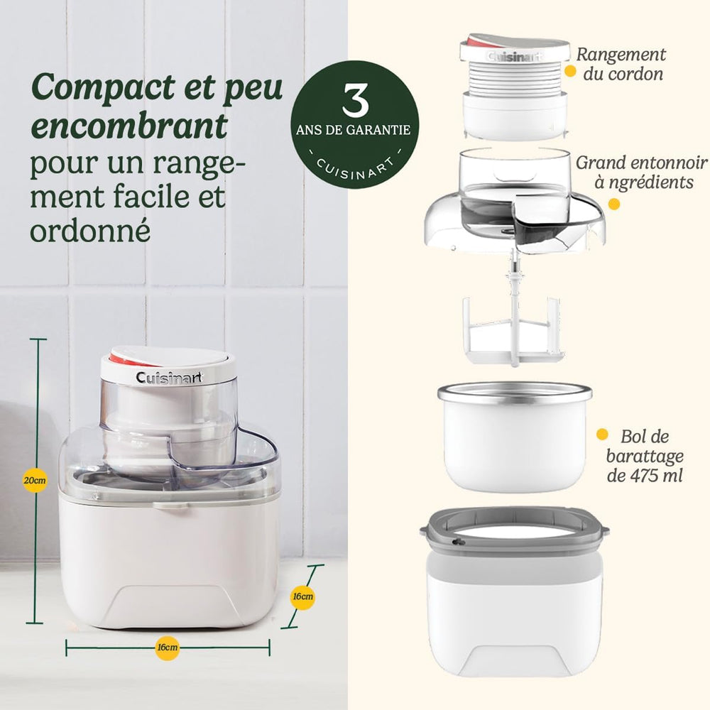 Cuisinart Sorbetière - Fait de la crème glacée, du gelato, du sorbet et du yogourt glacé en 40 minutes - Desserts maison - Facile à utiliser - Acier inoxydable - ICE100BCU