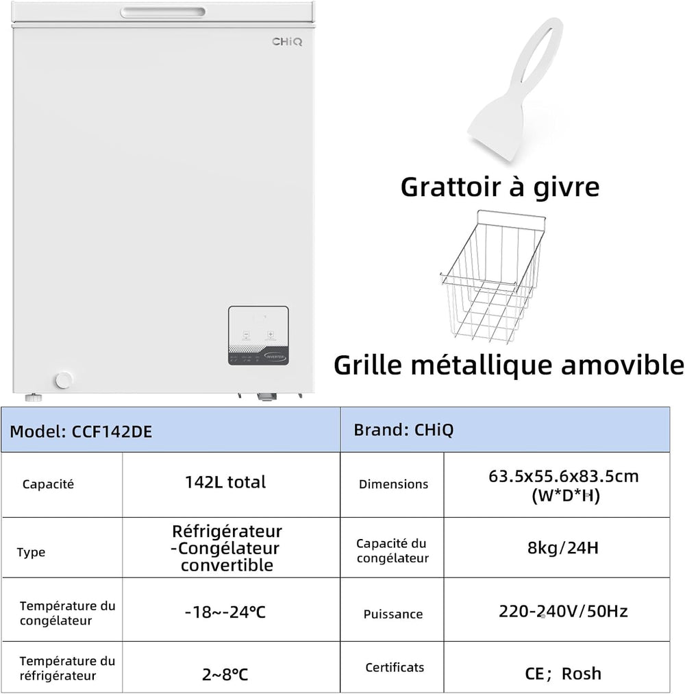Congélateur coffre CHiQ 142L, 63,5 x 55,6 x 83,5cm, Congélateur Inverter, Affichage de la température extérieure, Mode de congélation rapide -32℃, Grille métallique,Faible bruit