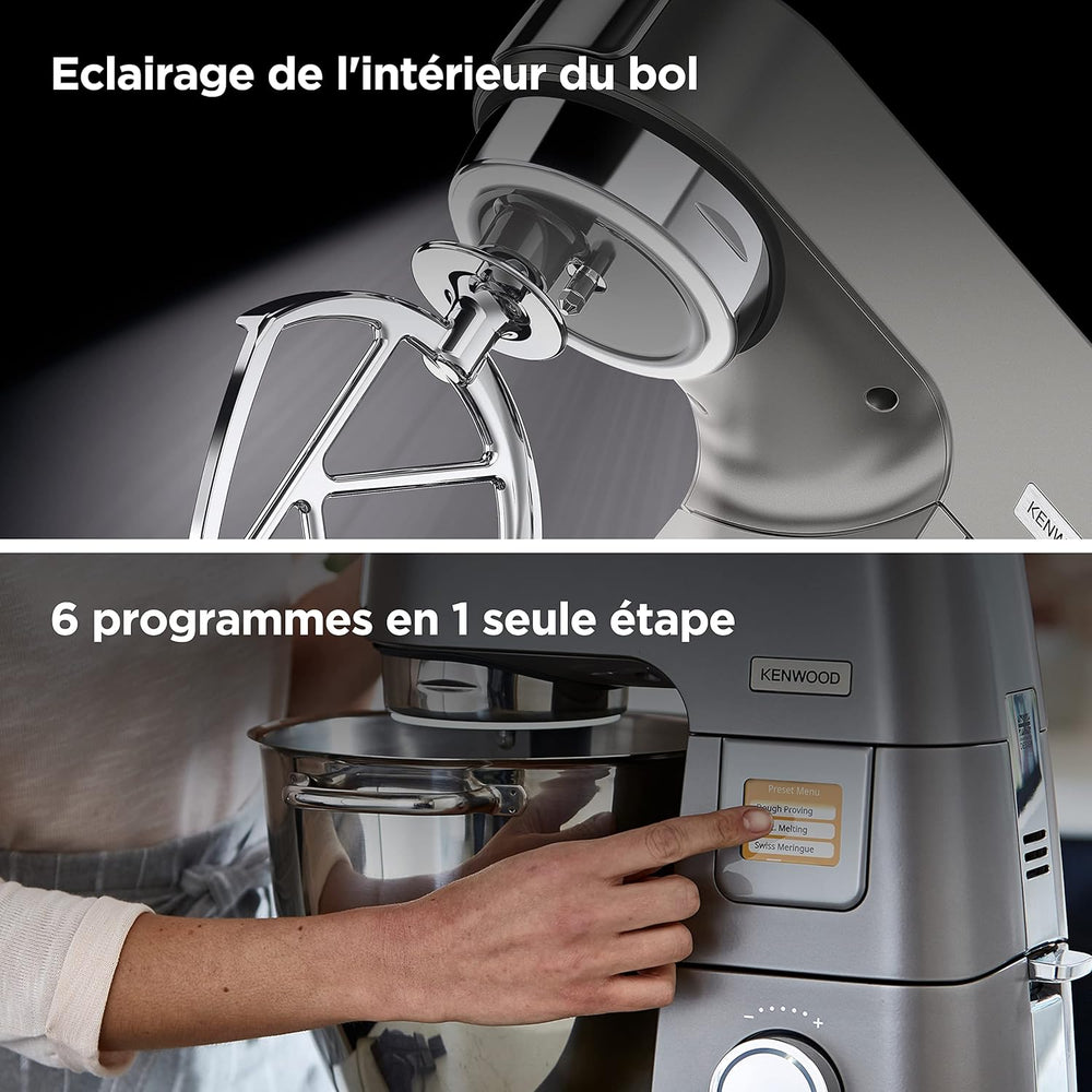 Kenwood Titanium Chef Patissier XL KWL90.034SI, Robot Patissier Balance Intégrée, Batteur K, Pétrin, Fouet, Batteur Souple, Deux Bols, Couvercle Anti-Projections, 1400W, Acier, Argent