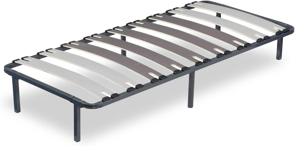 SAMPUR - Morpholattes bed base | 90 x 190 cm | 7 legs included | Grey | 25 cm high | epoxy lacquered metal frame | Extra wide slats | 5 support zones