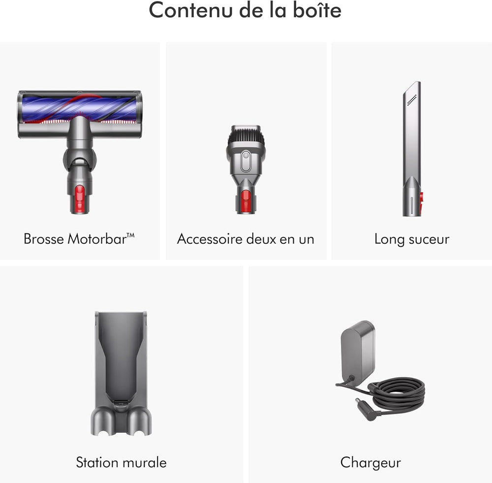 Dyson V8 Advanced™ Aspirateur Balai sans Fil – 130 AW, 40 Min d’autonomie, Brosse Motorbar Auto-démêlante, Accessoires combinés, Station Murale, Argent/Nickel