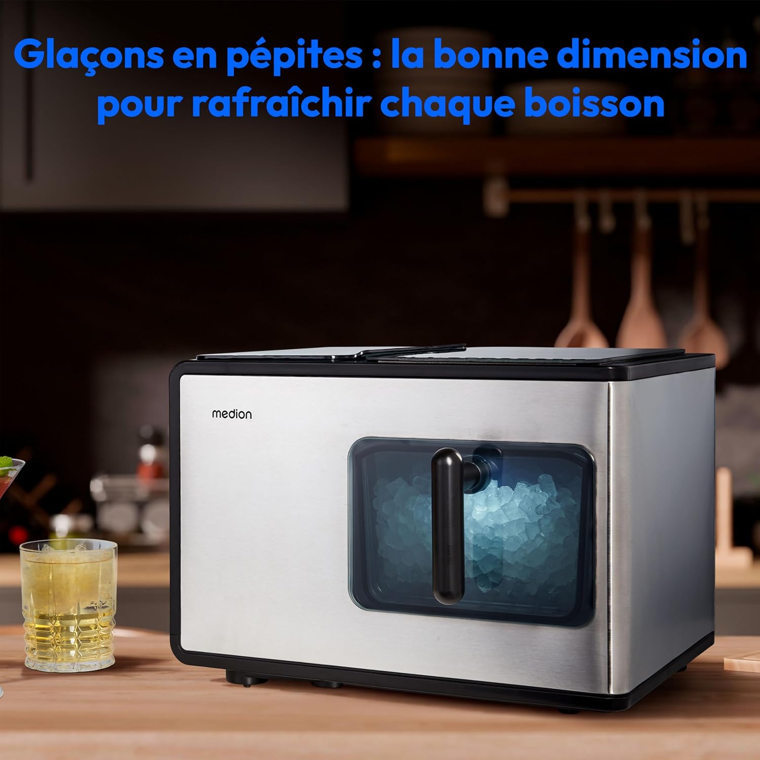 MEDION Ice maker (ice cube size small & large, 2.6 litre water tank, short production time approx. 10 minutes, crystal clear ice cubes, self-cleaning, control window, screen,