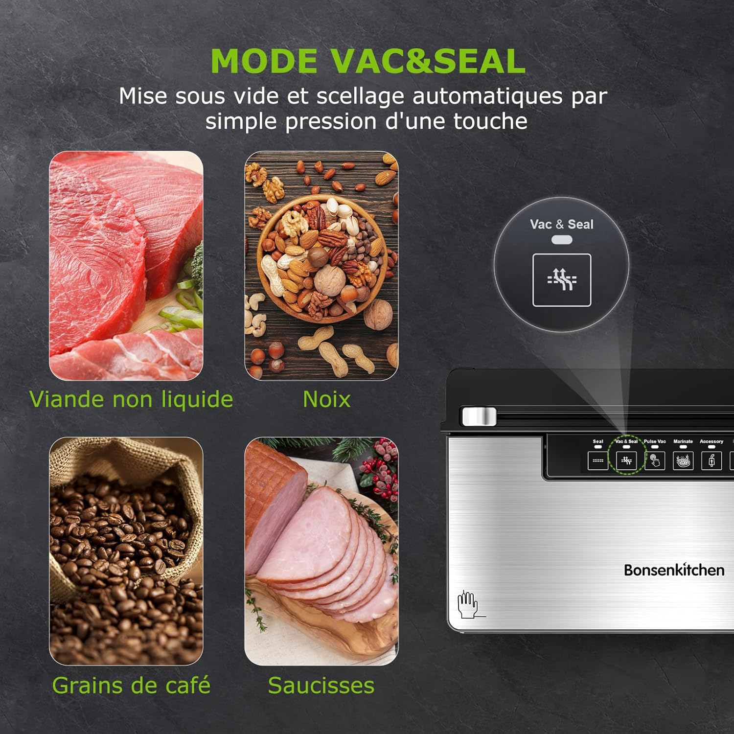 Bonsenkitchen Machine Sous Vide Alimentaire, Machine Sous Vide à 5 Modes-8 L/min, Technologie Globefish pour Un Travail en Continu à Grande Vitesse, Comprend 100 Sacs Sous Vide et 1 Sac en Rouleau