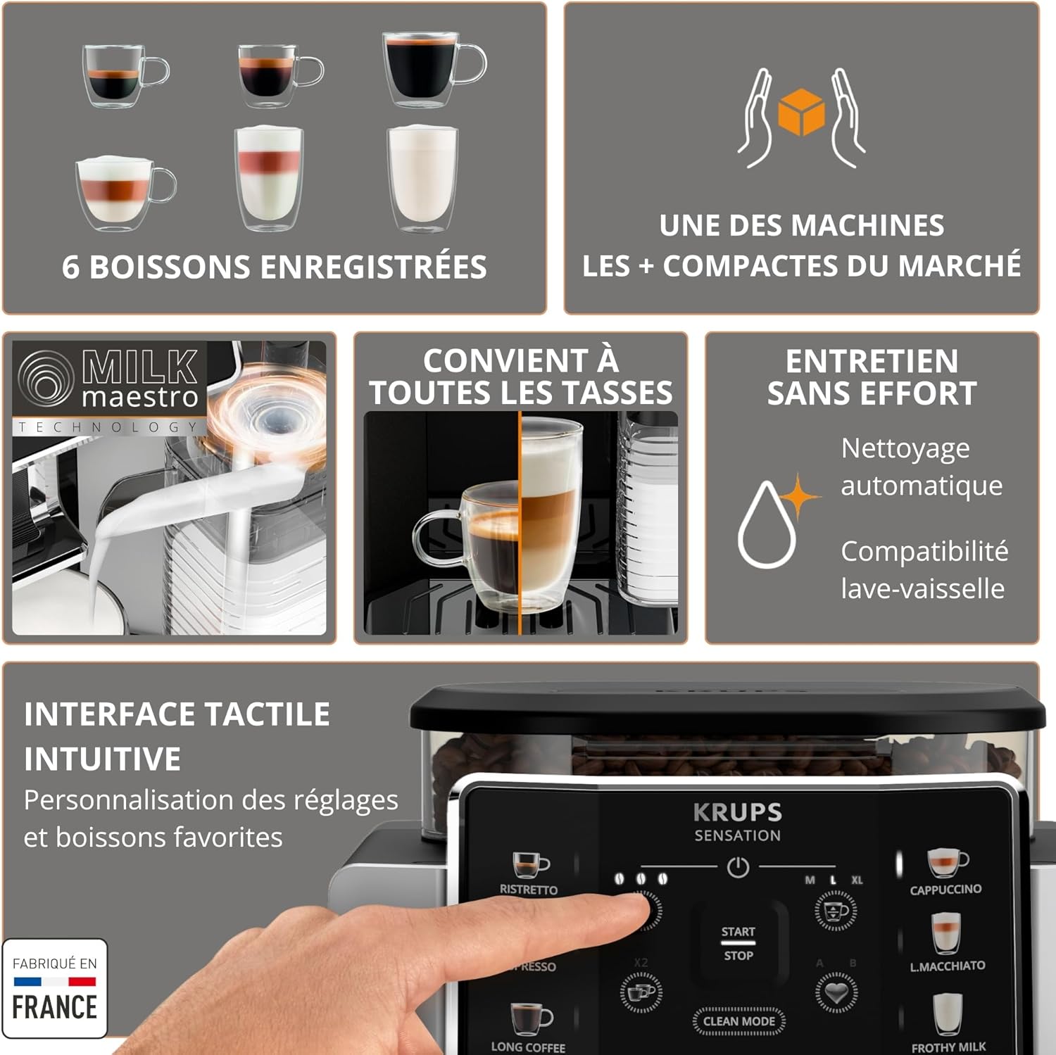 Krups Sensation C50, Machine à café grains, machine expresso, 5 boissons accès direct, Interface tactile, Facile à utiliser, Nettoyage automatique, Buse vapeur Cappuccino, Fabriqué en France EA910810