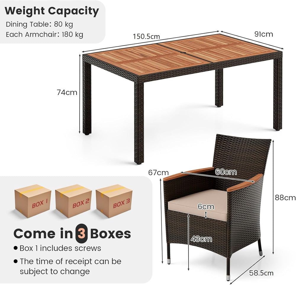 GIANTEX Salon de Jardin 6 Personnes en Rotin et Bois d'Acacia, Table de Jardin Extérieure avec 6 Chaises, Coussins, Trou de Parasol, Pieds Réglables, pour Cour, Pique-Nique, Marron