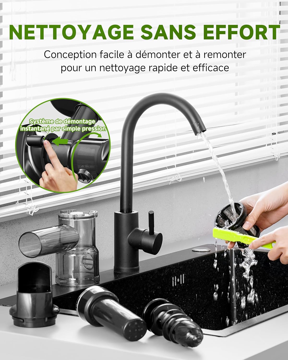 AMZCHEF Extracteur Jus - Extracteur de Jus de Fruits et Légumes - Presses-agrumes à Froid sans BPA avec 2 Tasses et Brosse - Fonction de Mastication Inversée pour Éviter les Blocages - Argent