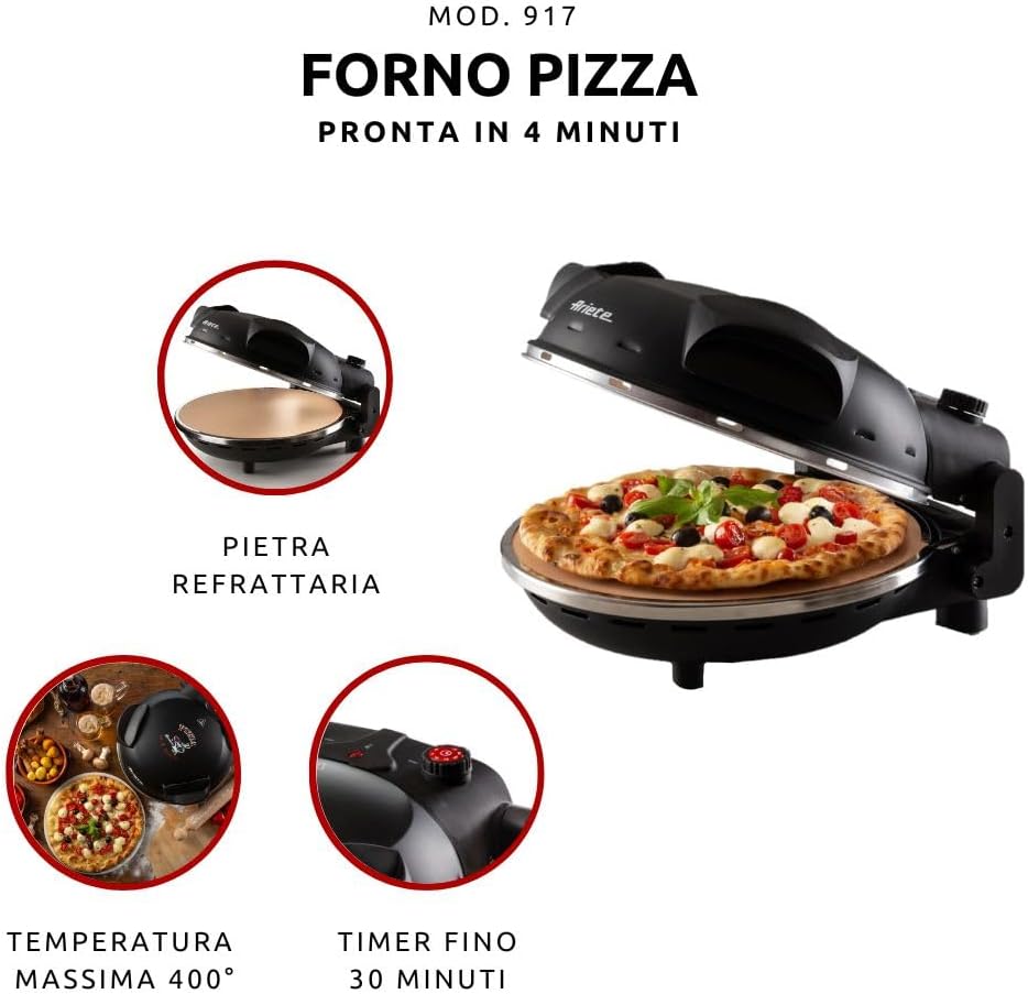 Ariete Pizza Oven 918, Pizza 4 Minutes, 5 Cooking Levels, Refractory Plate for Heating, Wooden Blades Included, Maximum Temperature 400°C, 1200W, White