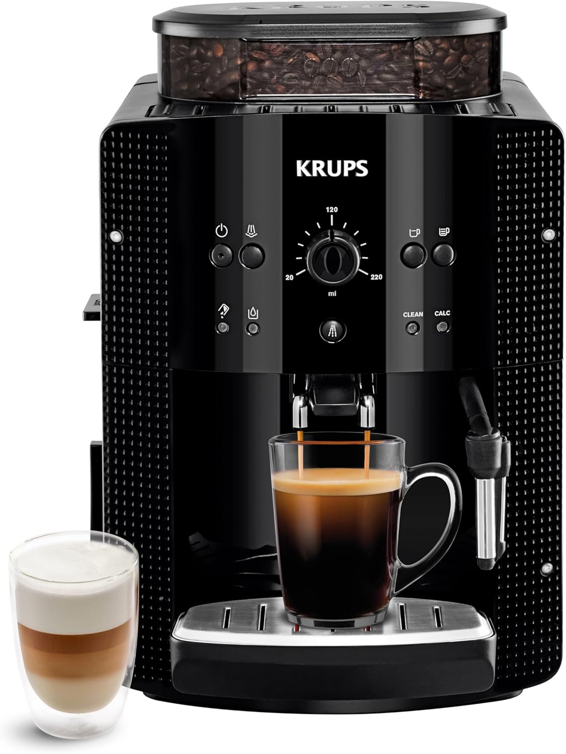 Krups Coffee Bean Machine, 1.7 L, 2 Cups Simultaneously, Automatic Cleaning, Steam Nozzle for Cappuccino, Espresso Maker, Essential Black YY8125FD