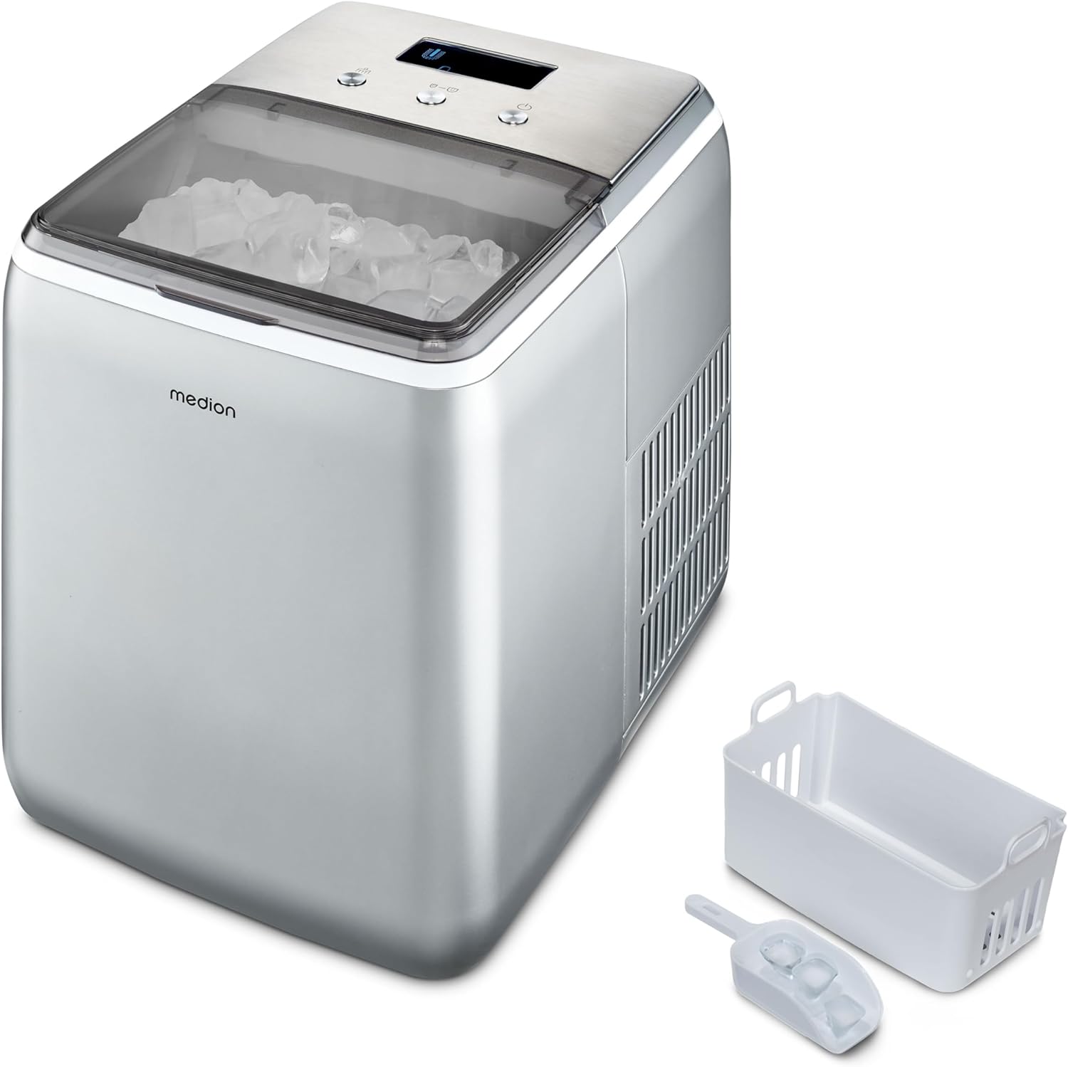 MEDION Ice maker (ice cube size small & large, 2.6 litre water tank, short production time approx. 10 minutes, crystal clear ice cubes, self-cleaning, control window, screen,