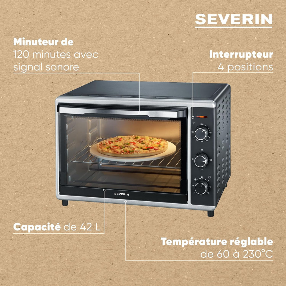 SEVERIN Mini-Four à chaleur tournante 42 L avec pierre à pizza et tournebroche, Four posable 1 800 W design élégant, électrique avec minuteur 120 min, Noir/Inox, TO 2058